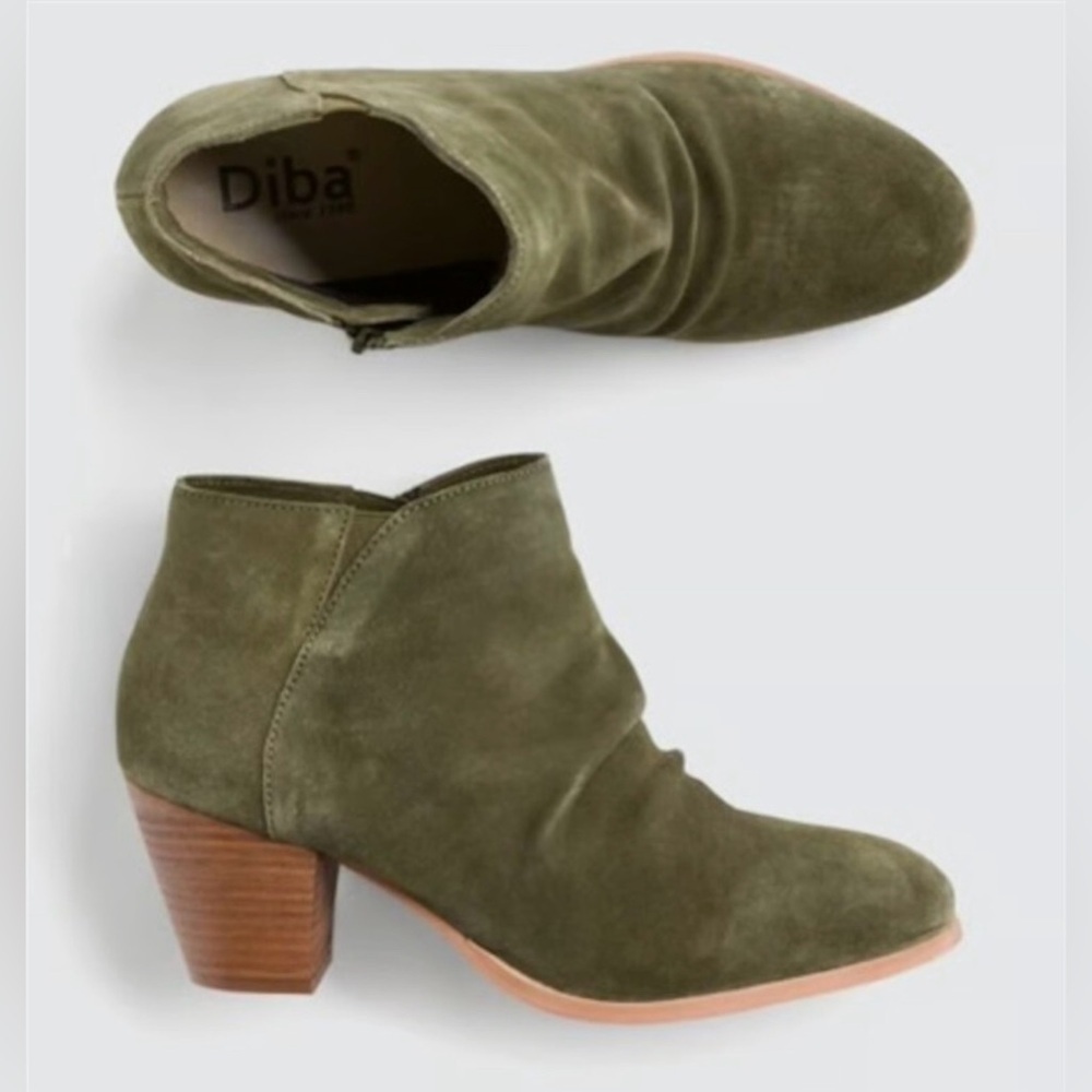 Diba Green Ankle Booties with Suede Texture and Wooden Heel
